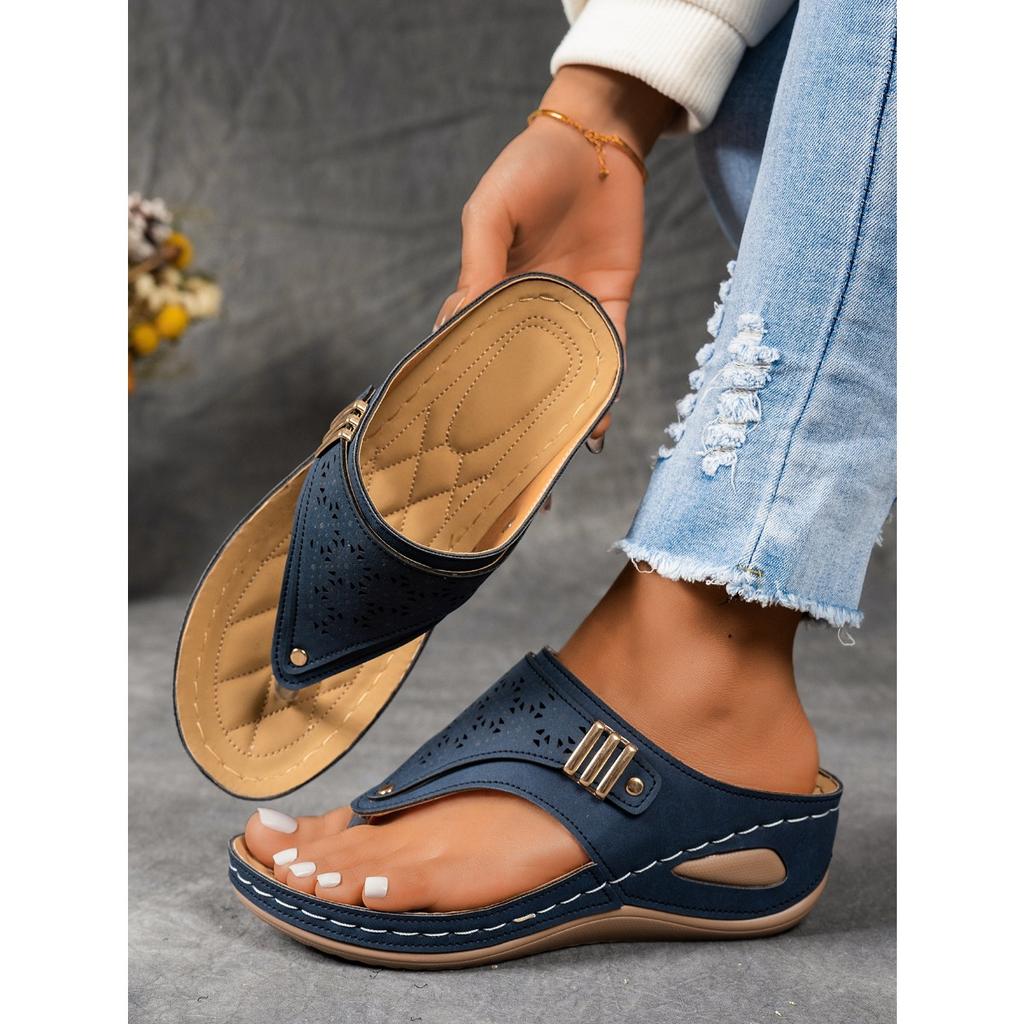 Flop Fashion Flip Thong Womens Sandals Cutout Design Soft Sole Slope Heel Metallic Embellishment Comfortable Beach Flip Flops Womens Sandals