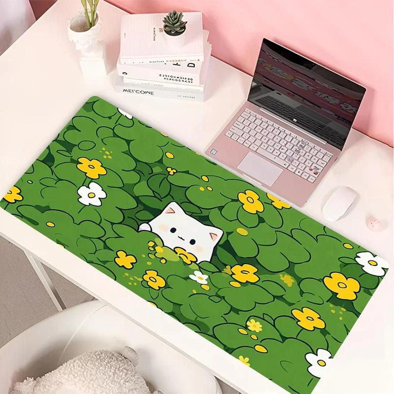 White Black Cat Leather Mouse Pad PC Green Plants Flower Gaming Keyboard Rug Laptop Anime Gamer Cabint Mousepad Cute Desk Mat