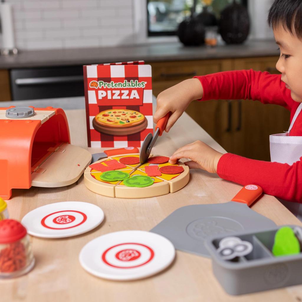 Fat Brain Toys Authentic Pizza Making Pretend Play Set with Wooden Pizza Oven, FA405-1, Authentic