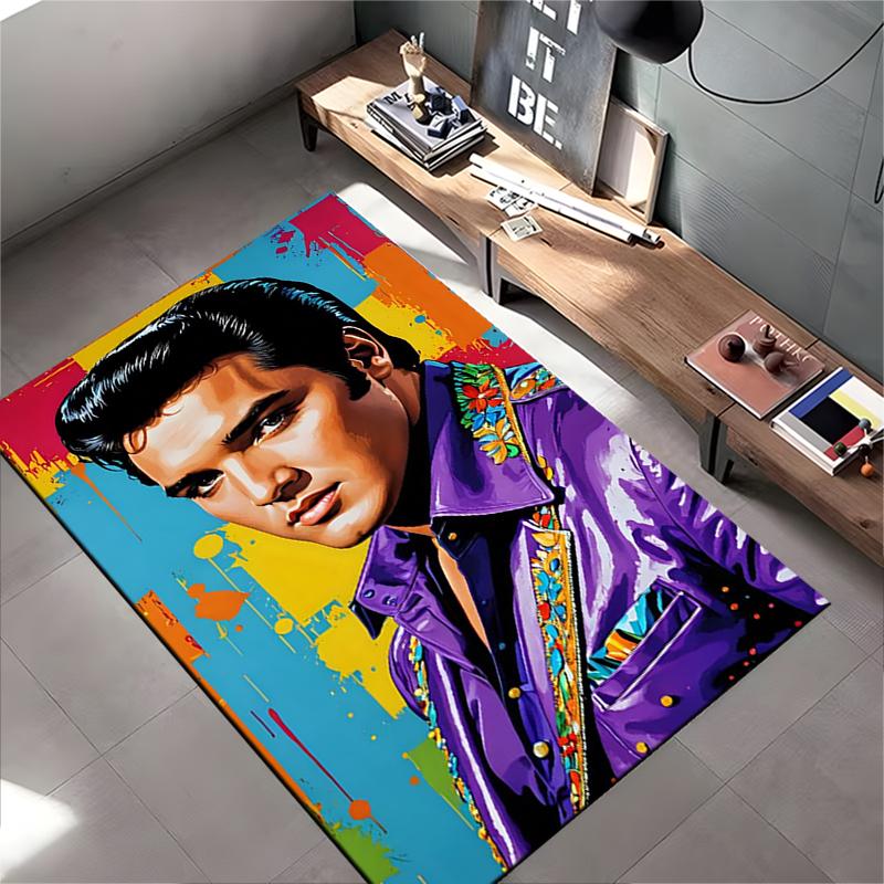 Music Legend Area Rug, Elvis Presley King Pop Art Purple Jacket Colorful Splash Print, Music Fan Room Decor, Non-Slip Mat