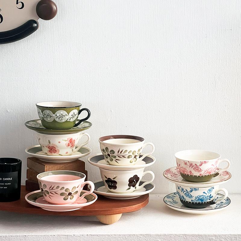 Ceramic coffee cup and saucer set, niche creative cup, afternoon flower tea, water cup with tray