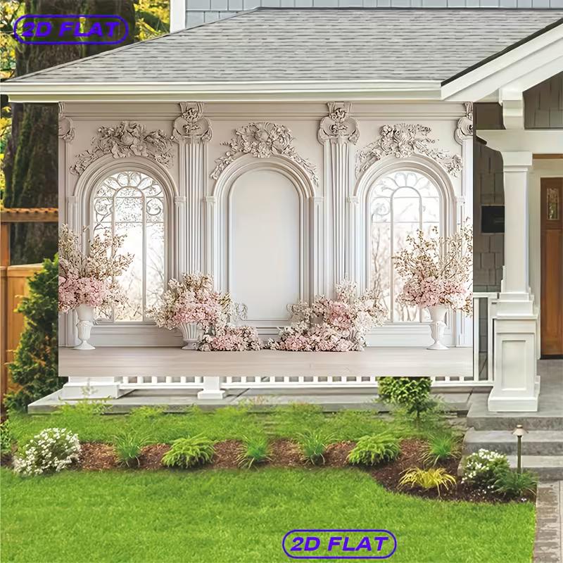 2D Elegant White Window Backdrop Pink Flower Wedding & Party Decor