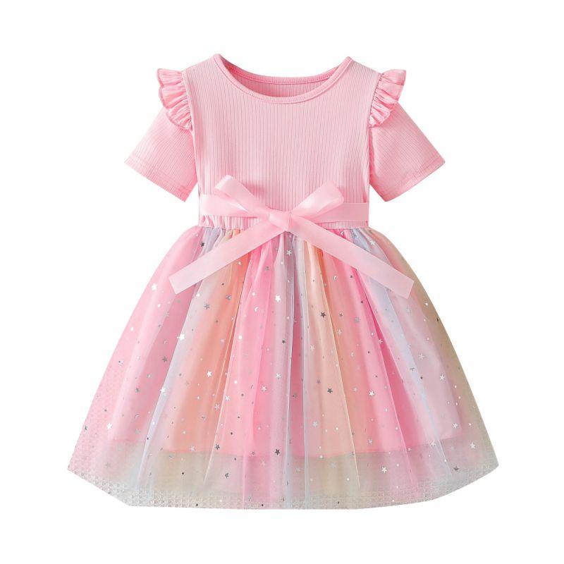 3-13 Years Kids Girls Short Sleeve Mesh Skirt Dress