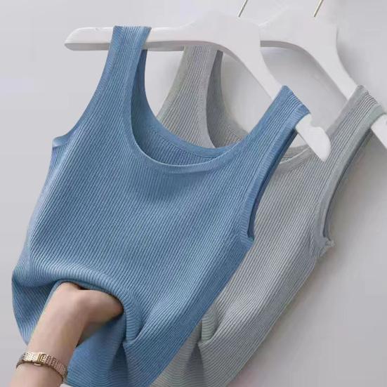 Women Summer Vest O-neck Sleeveless Slim Fit Tank Tops Solid Color Ice Silk Ribbed Pullover Tops Streetwear