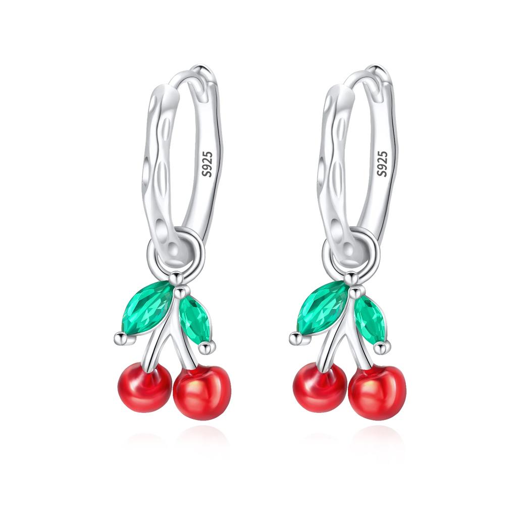 Original Earrings 925 Silver Fruit Series Cherry Strawberry Hoop Earrings Ear Studs Zircon Making Jewelry for Women Girl Party