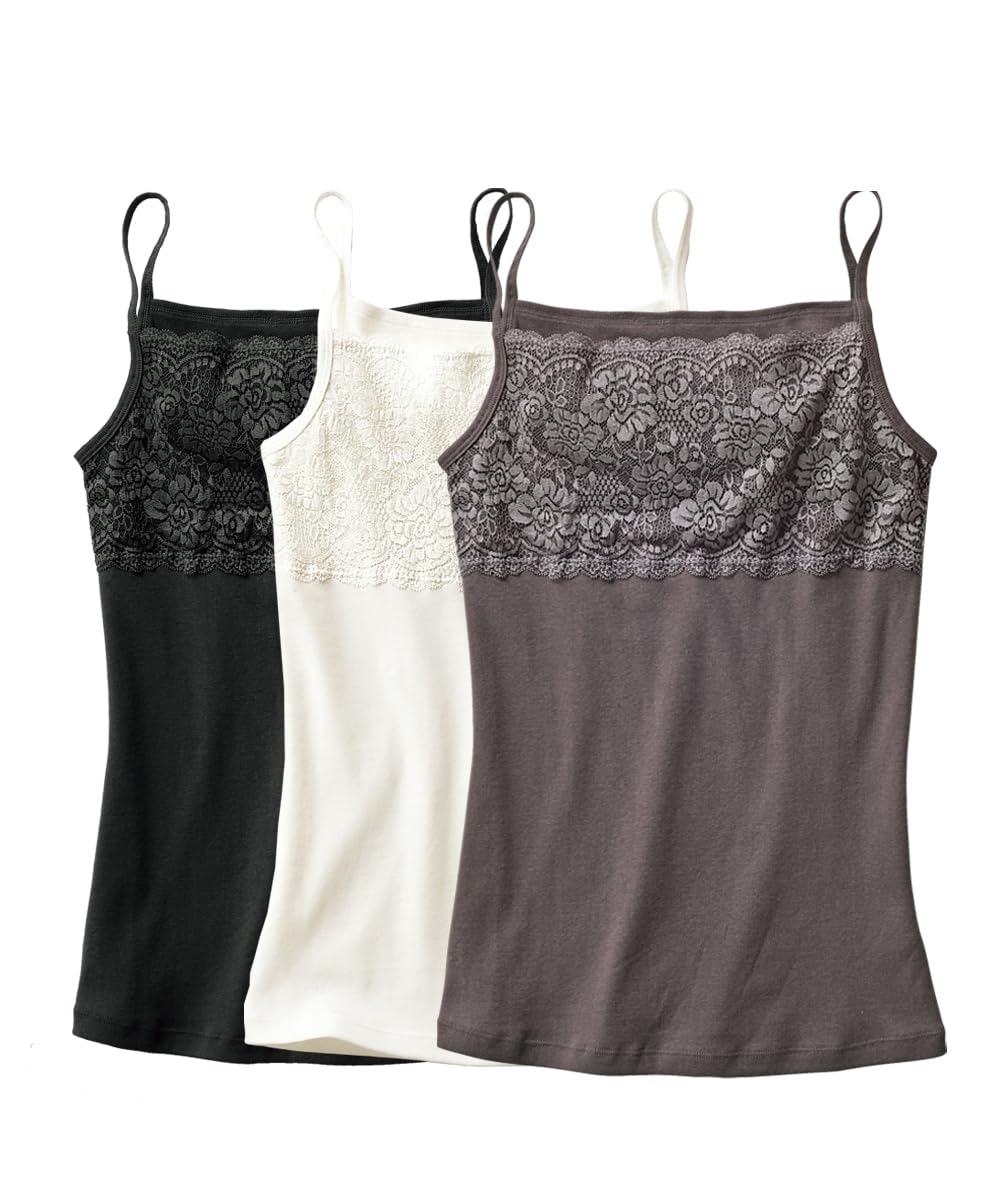 

Camisole cotton lace camisole set Black White Charcoal L [Nissen] 100% 3-piece + + (transfer name)