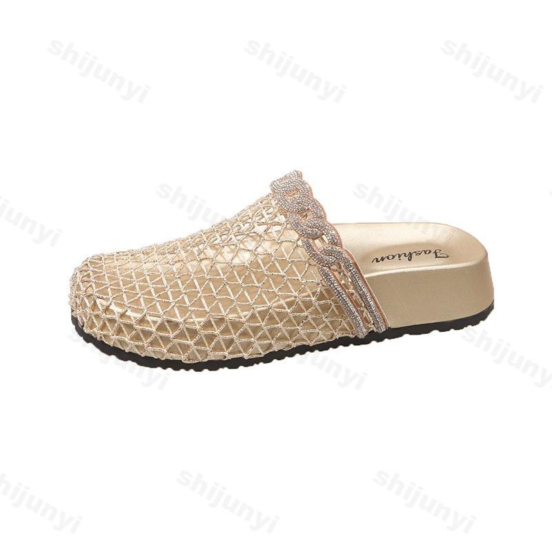 Fashion Summer Women's Slippers Flat Breathable Round Toe Rhinestones Women's Mules Mesh Fashion Outdoor Beach Shoes Zapatillas De Mujer