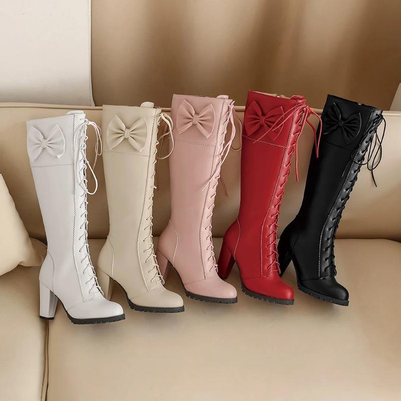 Fashion Winter Sweet Women Knee High Boots PU Leather Round Toe 7cm High Block Heels Bowtie Lace-up Lolita Lady Zipper Long Riding Boots