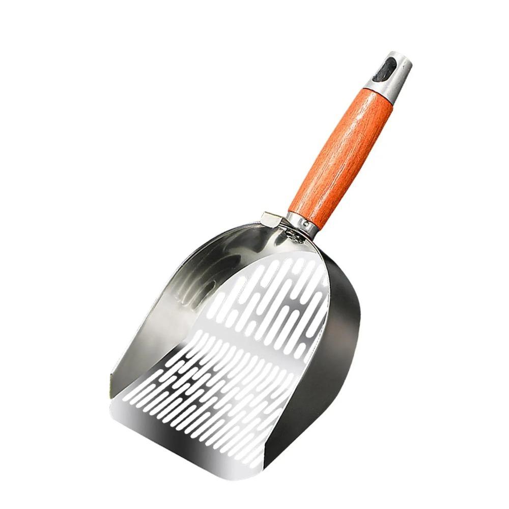 Stainless Steel Cat Litter Shovel Wood Long Handle Cat Litter Scooper Pet Feces Cleaning Tool