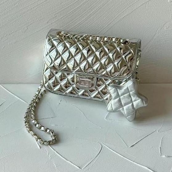 IELGY Women's Patent Leather Square Bag, Versatile Tofu Bag, High-end Silver Diamond Shoulder Chain Bag.