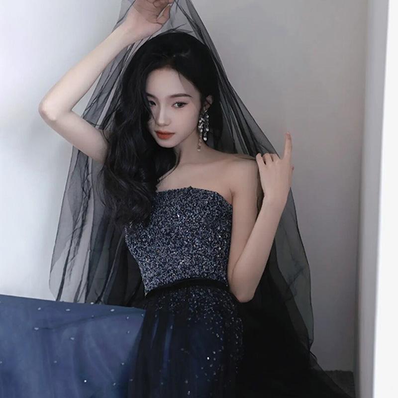 sequined dress style light luxury niche performance tube top skirt host blue evening dress 1011 new female banquet