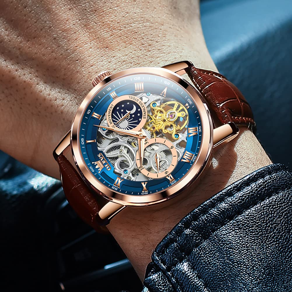 OLEVS Mechanical Automatic Manual Winding Leather Fashion Watch Leather Skeleton Moon Phase Luminous Moon Waterproof Watch for Men Blue Men's & Men's