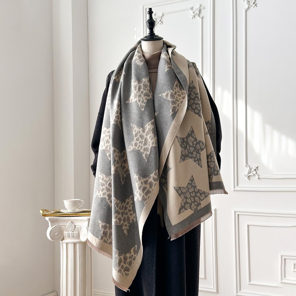 Ladies' Luxury Thickened Winter Scarf - Two-Sided Leopard Print & Star Design Faux Cashmere Jacquard Wool Pashmina Wrap