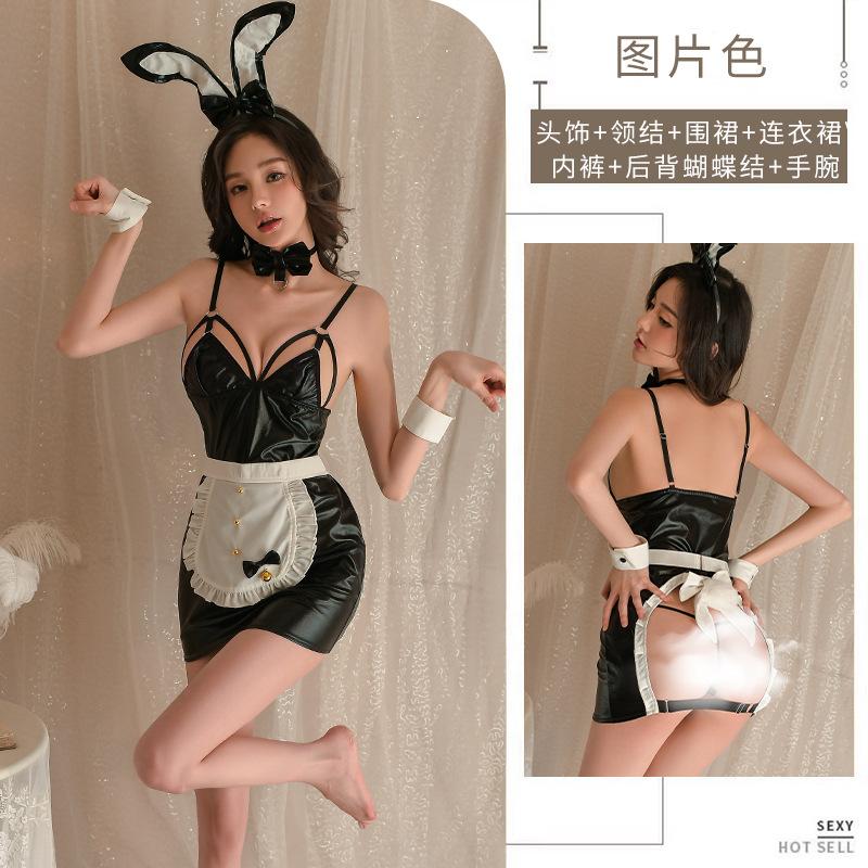 Sexy lingerie bunny maid hot one-piece uniform seduction suit sexy no-take patent leather pajamas