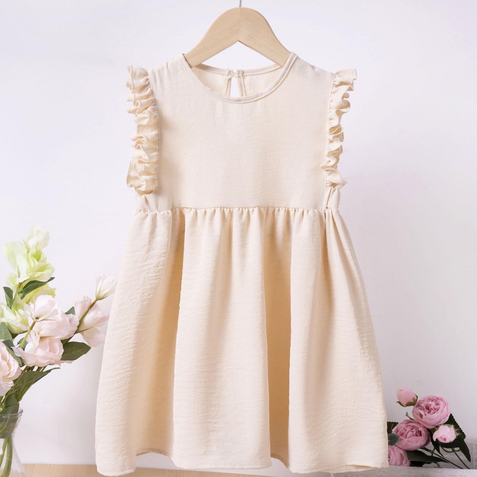 

Summer Sleeveless Lace Children s Dress Girls A-line Dress Solid Color Casual Dress 90 бежевый