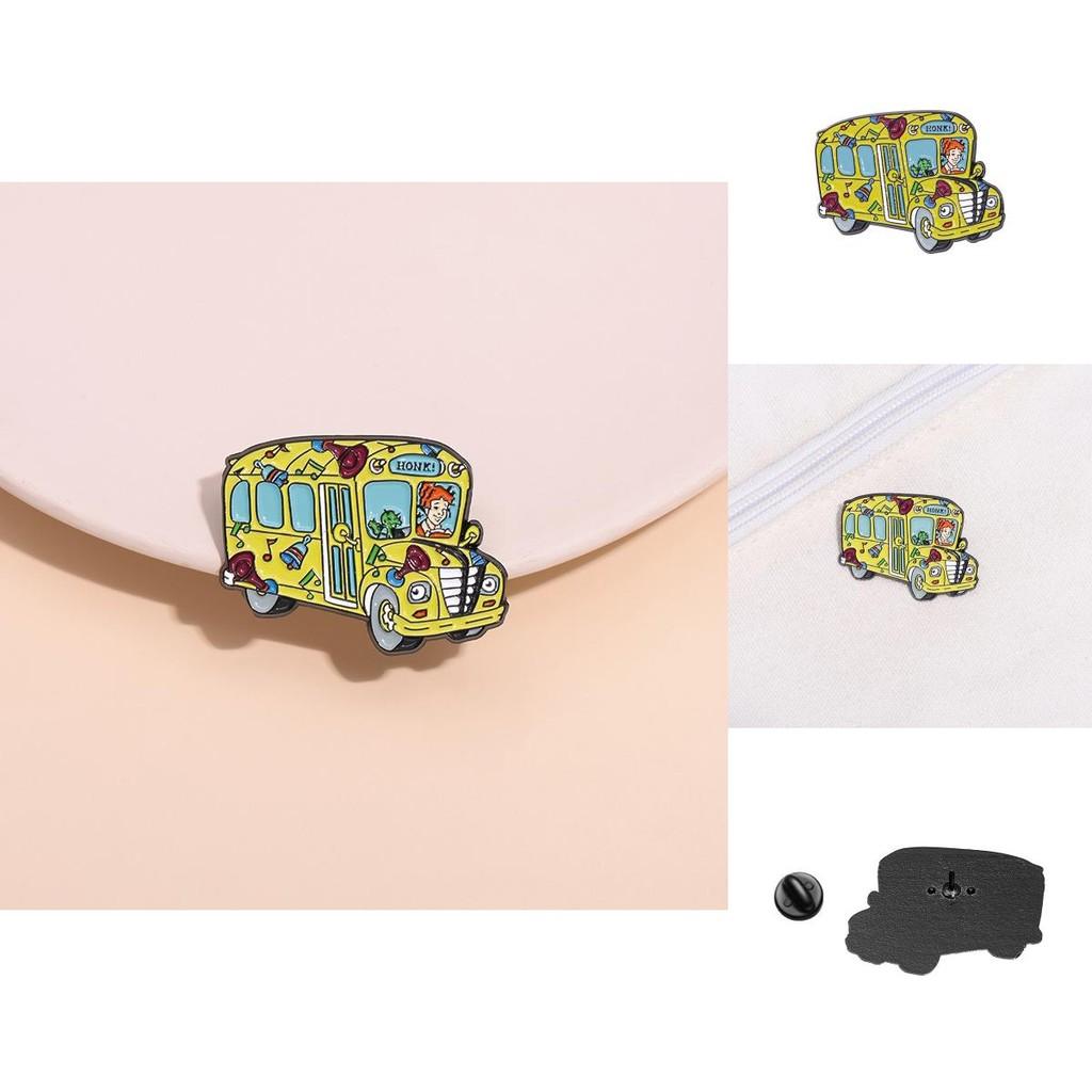Charming Cartoon Character Brooch In Metal With Colorful Bus Design And Red Haired Girl Theme