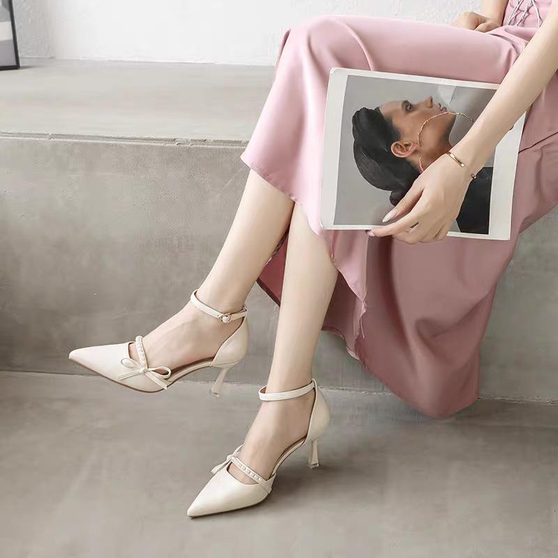 French bow bag head sandals women's summer new one-word with hollow high heels women's thin heel pointed single shoes