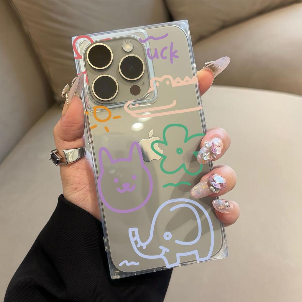 Clear Square Back Tube Case Protection For iPhone 14 Pro Max 11 13 12 15 Plus 16 ProMax Anti-Oxygen,Flower Animals Pattern Casing