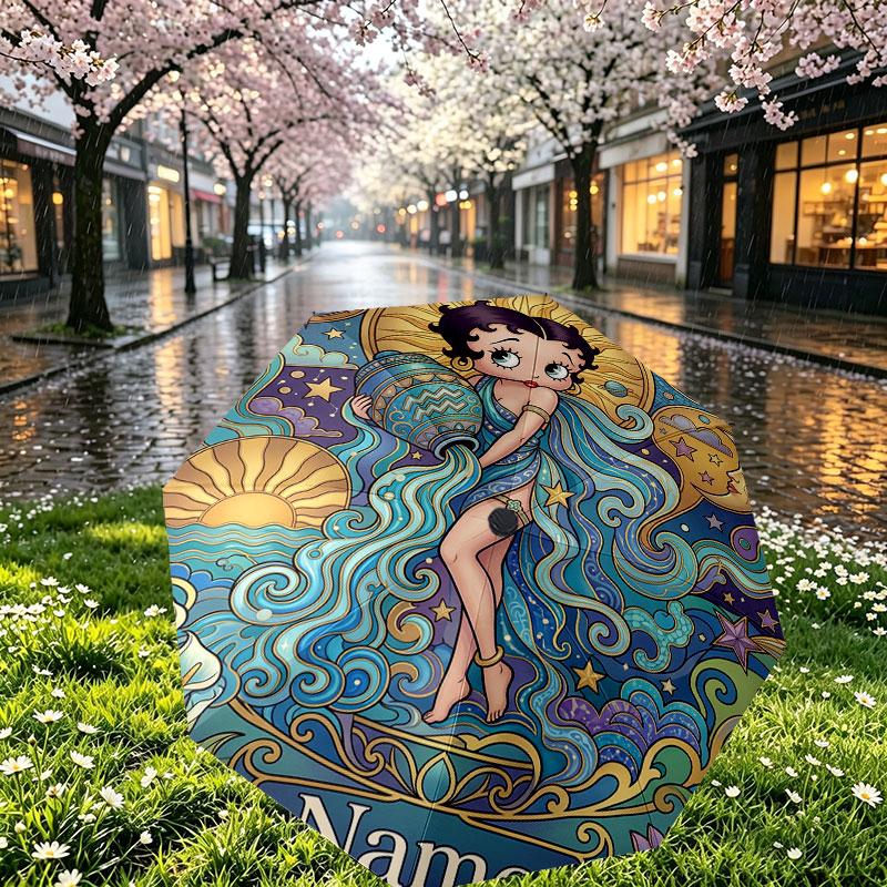 Spersonalizowany Parasol z Nadrukiem Betty Boop z Imieniem, Automatyczne Otwieranie i Zamykanie, Wytrzymały Stelaż z 8 Żebrami, do Codziennego Użytku, na Kemping i Piesze Wycieczki, Prezent Urodzinowy