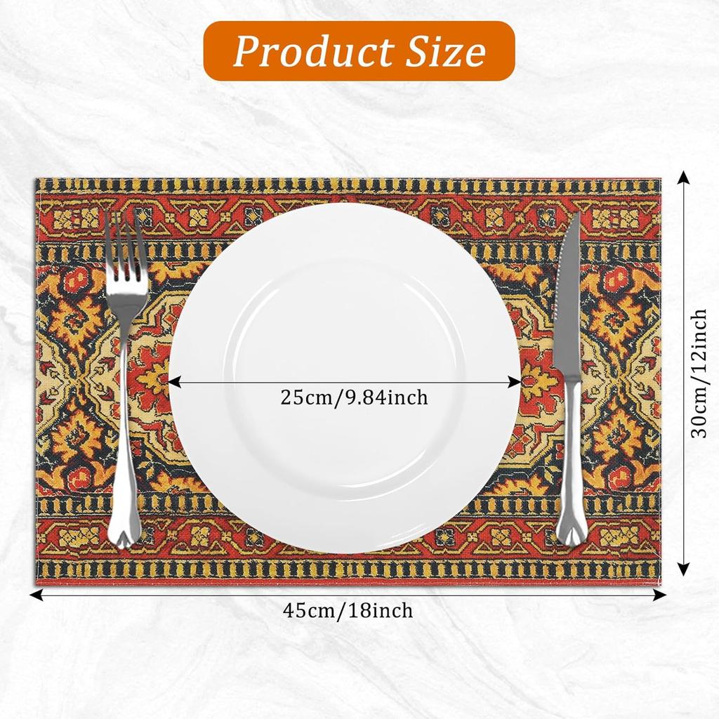 comfoyar Boho Vintage Red Placemats Set of 4, 12x18Inch Non-Slip Linen Bohemia Flower Place Mats, Washable Absorbent Rustic Country Style Table Mats