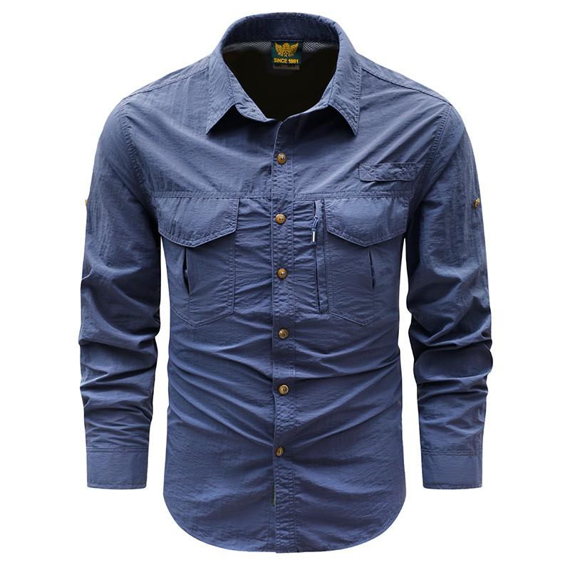 Mens Lightweight Quick-Dry Work Shirt With Multiple Pockets Loose Fit Cotton Long Sleeve Outdoor Casual