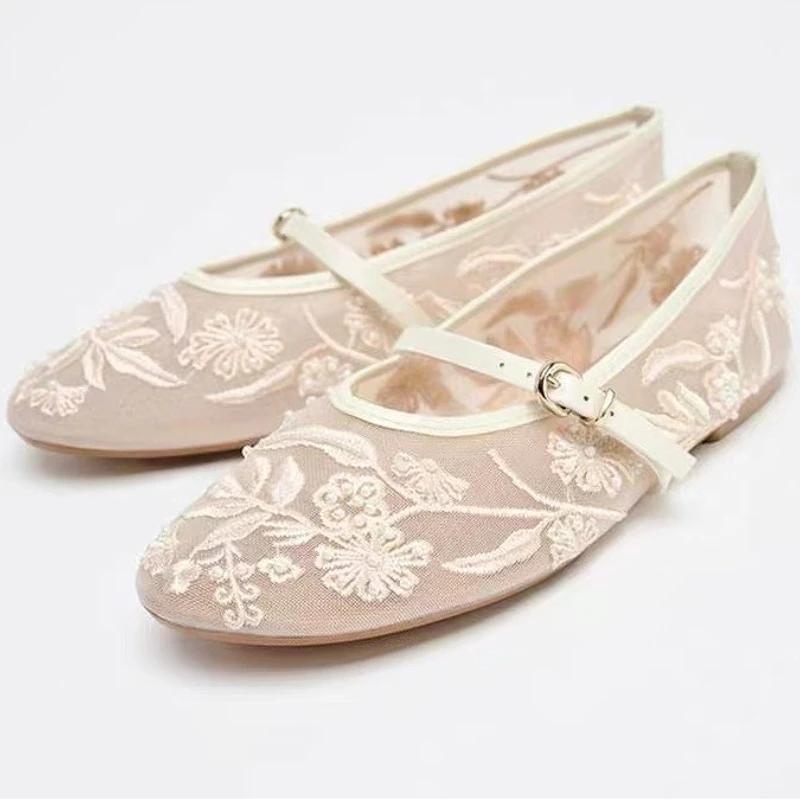 Brand Designer Buckle Ballet Flats Women Fashion Mesh Embroidery String Bead Mary Jane Shoe Elegant Slingback Dress Shoes Women