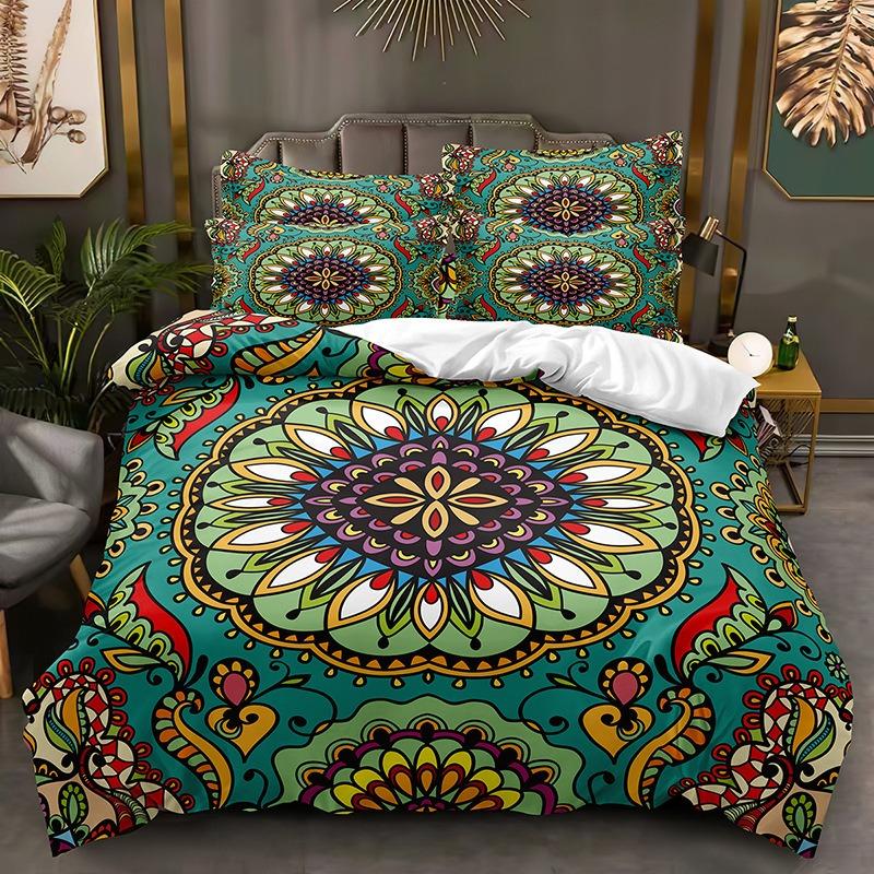 Boho Mandala Bedding Set, Hand-Drawn Queen Size Design,  Soft Microfiber duvet cover Pillowcases, Meditation & Yoga Decor, Gift