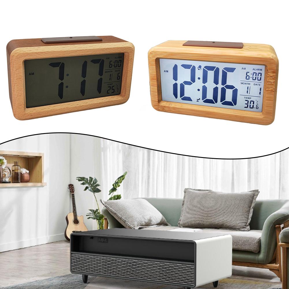 Digital Wooden Alarm Clock with LED Display Featuring Time and Temperature Customizable Alarm and Snooze for Bedroom or Desk