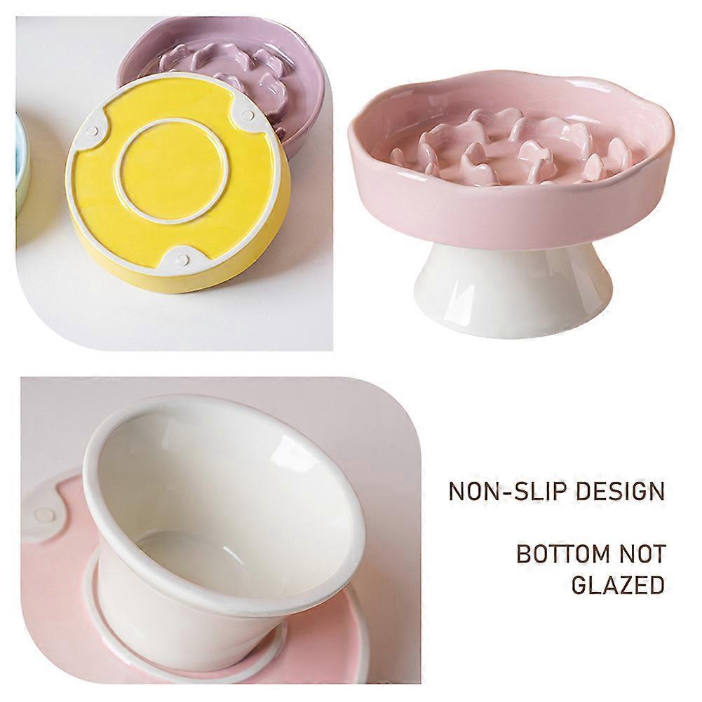 Ceramic Cat Slow Feeder, Raised Slow Feeder Cat Bowl, Anti Vomiting and Whisker Friendly Kitty Dish, Elevated Puppy Kitten Food Bowl
