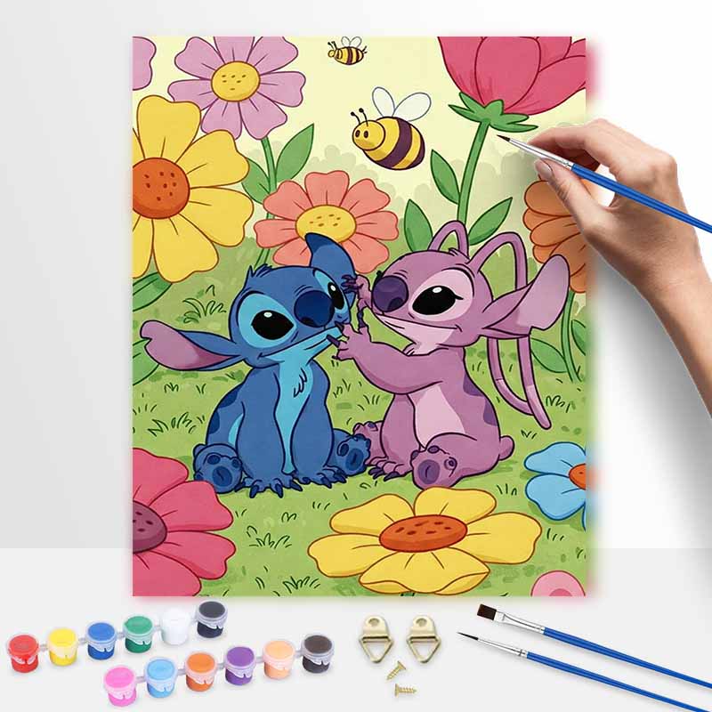 Disney Lilo and Stitch digital oil painting art kit DIY handmade home decoration gift. Floral garden cartoon theme.