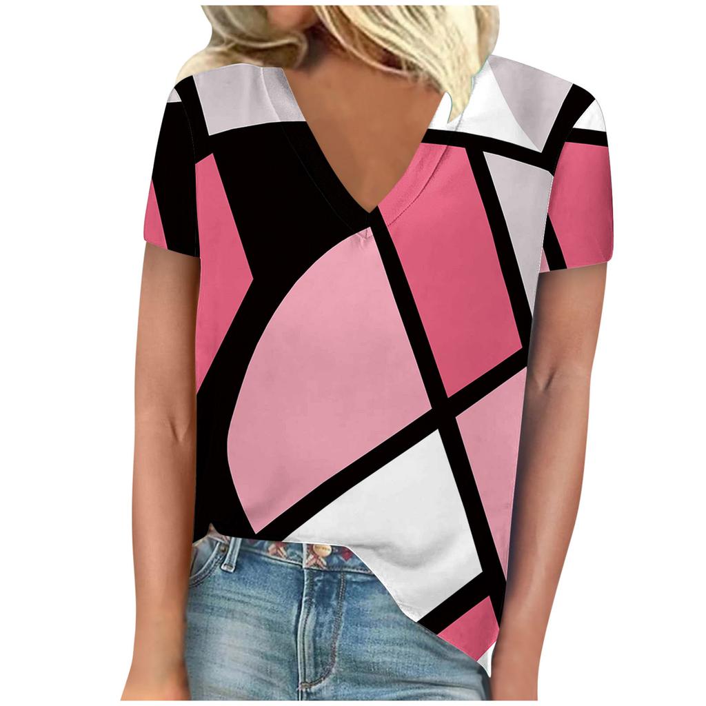 Summer Women's Casual Versatile Color Blocked 3D Printed Slimming Short Sleeved V-neck Short Sleeved T-shirt