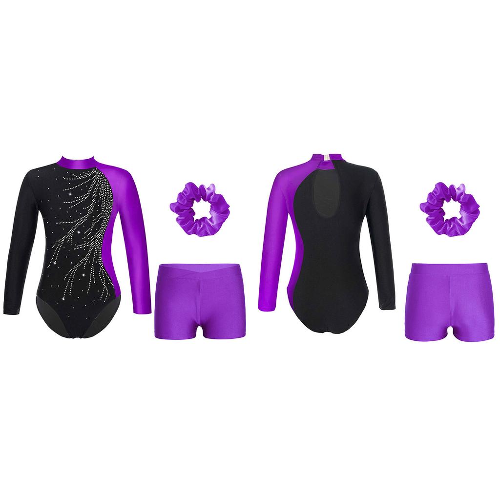 Dívčí dětský třpytivý gymnastický trikot s dlouhým rukávem a tanečním oblečením, kraťasy a pokrývkou hlavy