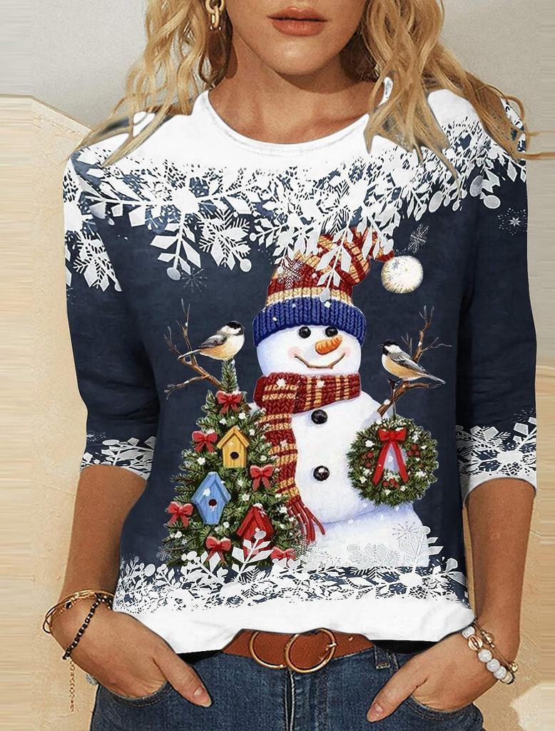 2023 Fashion Women's Pullover Christmas Blue Star Graphic Casual Sports O-Neck Long Sleeve Tops Micro-Elastic Fall & Winter