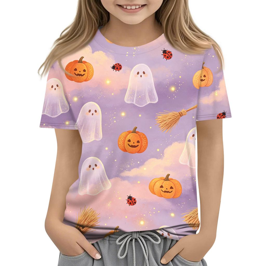 Kids Halloween Printed Short Sleeve T Shirt Casual Round Neck Top Boys Girls Comfortable Fit All Over Pattern Tee
