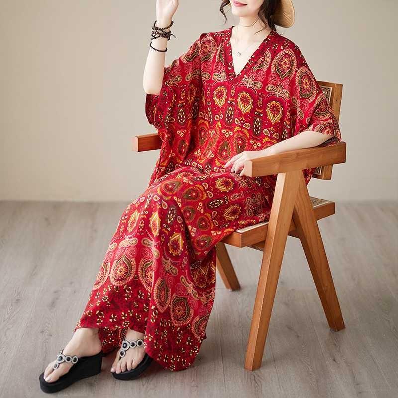 Summer V-neck Large Size Loose Literary Vacation Style Beach Dresses