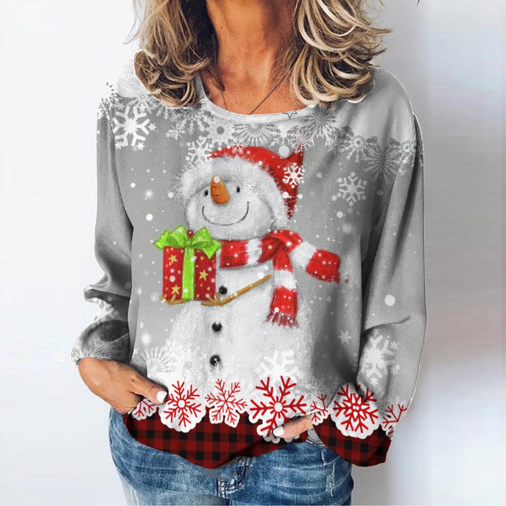Christmas Women's T-shirt Autumn O-neck Sweater Snowman Print Long Sleeve Female Harajuku Streetwear Oversized Clothing For Lady