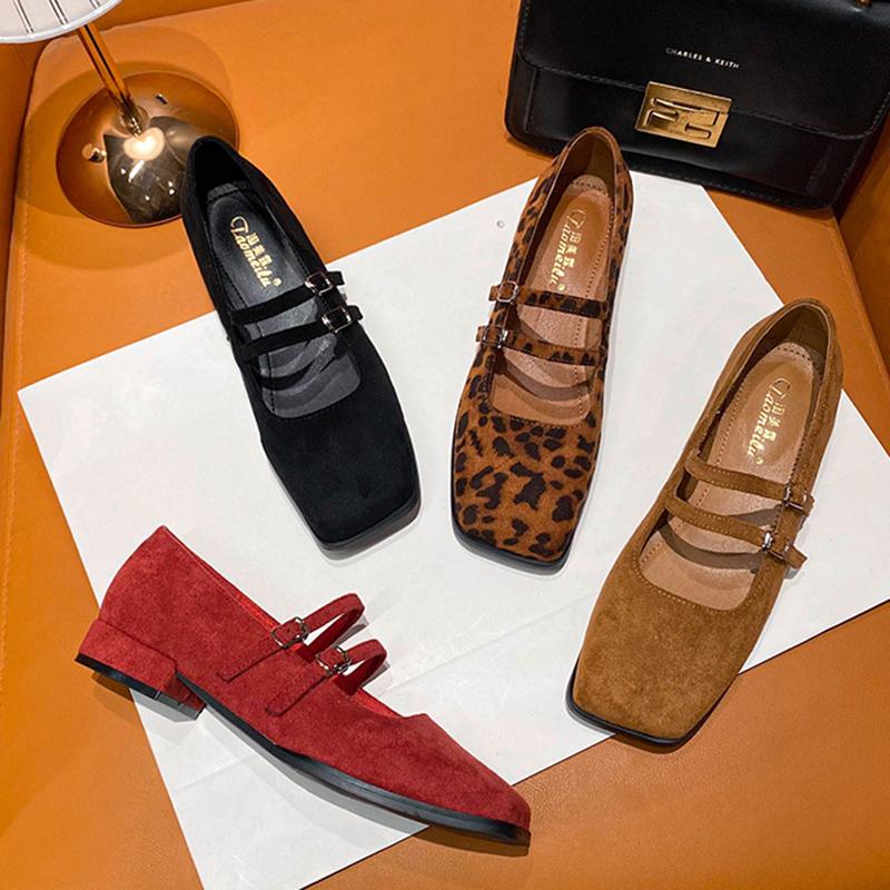 Chaussures Mary Janes à talon bas pour femme en cuir suédé léopard, fermeture double boucle, chaussures à talon bas, chaussures à talon femme grande taille 43