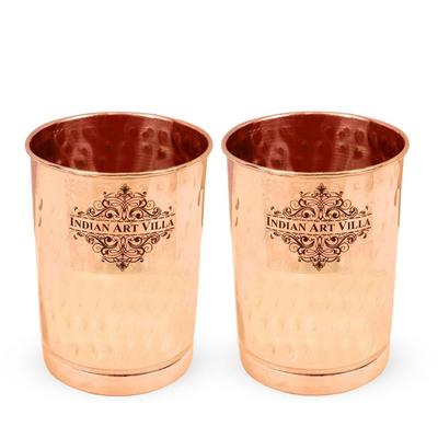 Pure Copper Plain Glass with Hammered Design, Drinking Serving Water, Yoga Ayurveda, Volume-300 Ml, Pack of 2