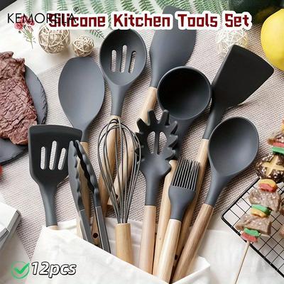 12-teiliges Silikon-Küchenutensilien-Set mit Holzgriffen, beinhaltet Spatel, Löffel, Schneebesen, Untersetzer, hitzebeständig, langlebig
