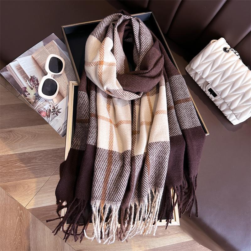 Unisex Korean Plaid Thick Winter Scarf with Tassels - Imitation Cashmere Shawl