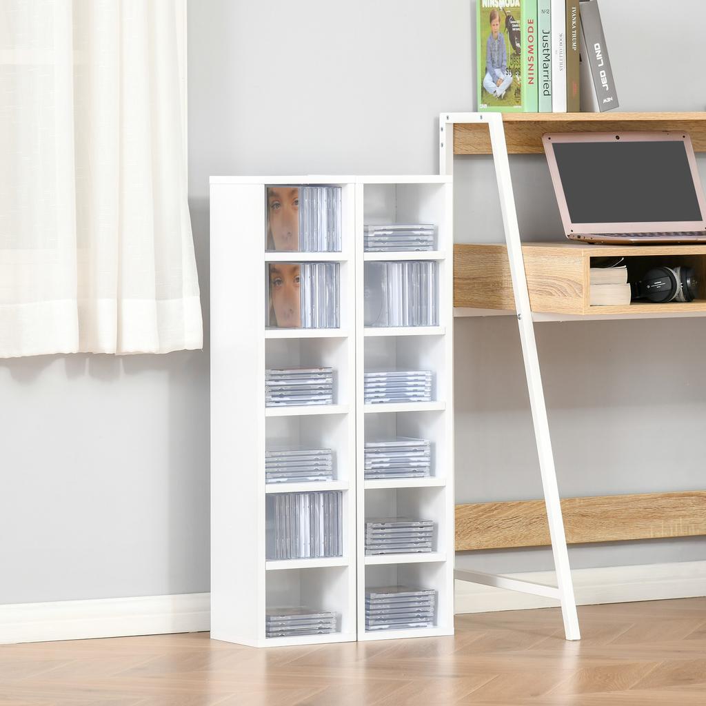 Set of 2 Column Shelves CD-DVD Storage Cabinet 6 + 6 Compartments Dim. 21L X 19W X 88H Cm Max. Capacity 160 CDs White