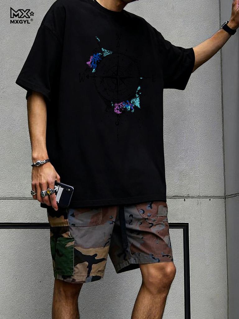 Men's Summer Cotton Fashionable Loose Casual Compass Pattern Printed Round Neck Short Sleeved T-shirt Breathable And Casual