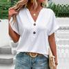 Summer V-neck Lace Short Sleeve Blouse Women Fashion Casual Hollow Out Shirts Elegant Solid Color Buttons T-shirt Female Tops Office Simple Clothing