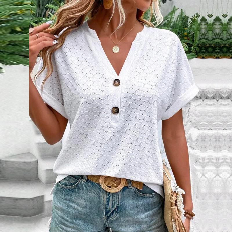 Summer V-neck Lace Short Sleeve Blouse Women Fashion Casual Hollow Out Shirts Elegant Solid Color Buttons T-shirt Female Tops Office Simple Clothing