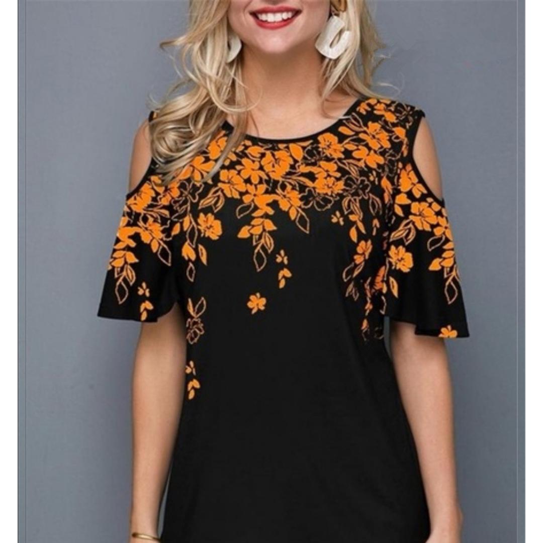 

Женская сексуальная футболка с коротким рукавом с круглым вырезом и цветочным принтом, свободная футболка с открытыми плечами 3XL оранжевый