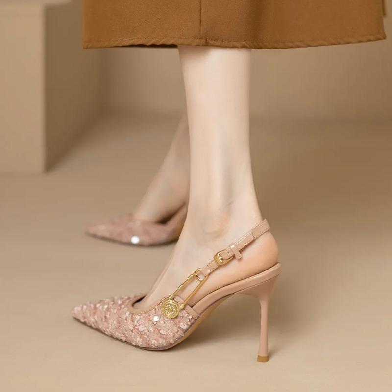 Sequins Metal Buckle Zapatos Mujer 2024 Tendencia Slingback Heeled Sandals Pointed Toe Pink Shoes For Women Summer