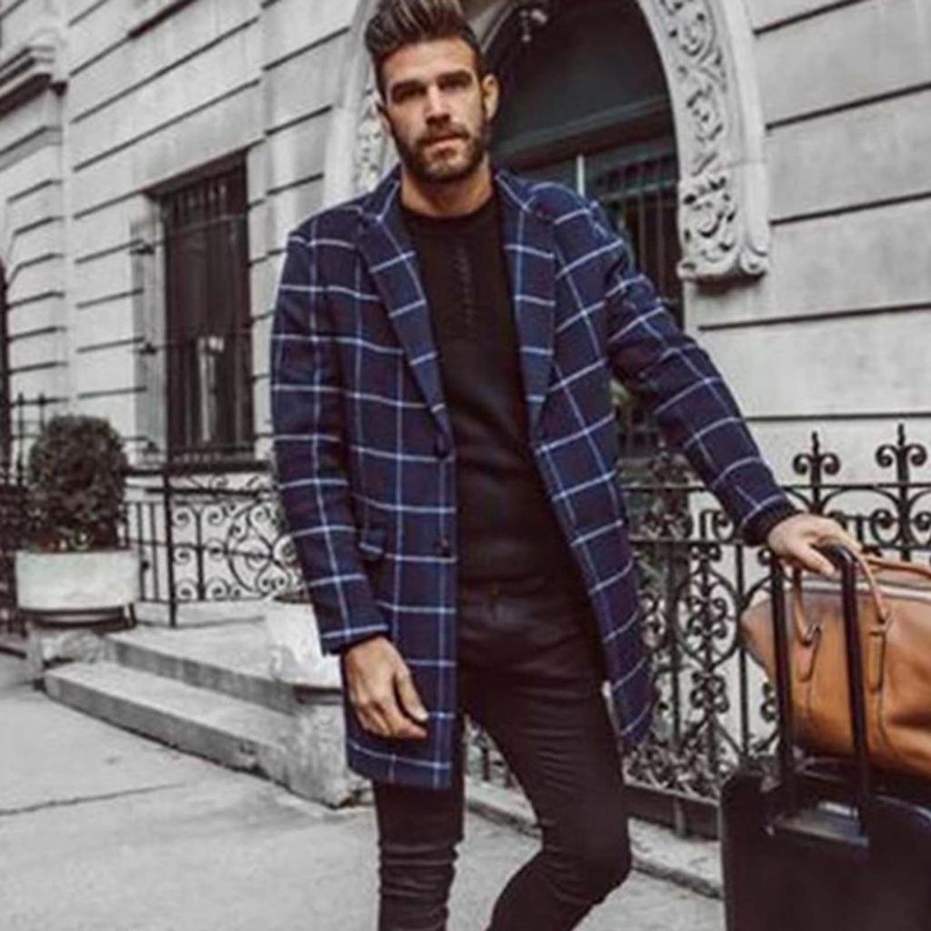 Winter Fashion Men's Solid Color Slim Long Single-breasted Woolen Trench Coat