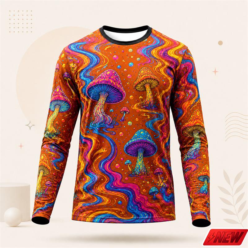 Trippy Psychedelic Mushroom Galaxy Pattern Long Sleeve T Shirt Men 3d Print Colorful Graphic Top Harajuku Street Casual New Tee