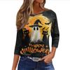 Women's 3/4 Sleeve Loose Fit Casual Shirt Round Neck Halloween Print Top Comfortable Lightweight Fabric Suitable for Everyday Wear