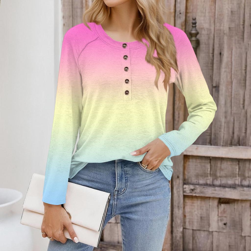 Women's Fashionable Gradient Print Round Neck Long-sleeved Top
